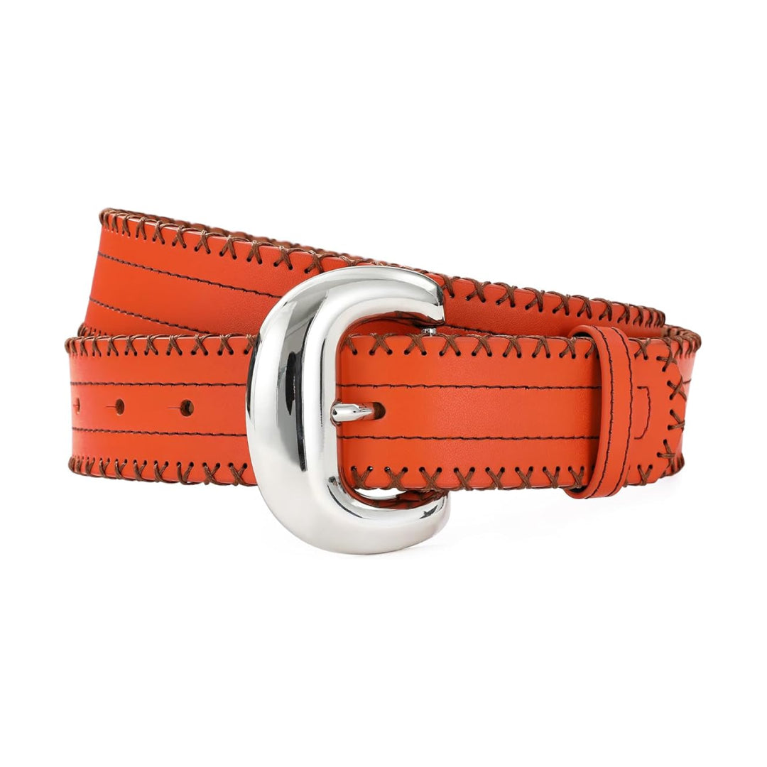 Orange Genuine Leather Belt with Silver Buckle-Women Leather Belts-Premium Leather Street