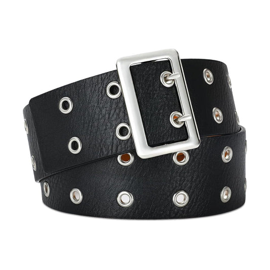 Black Belt Silver Buckle & Metal Ring Accents-Women Leather Belts-Premium Leather Street