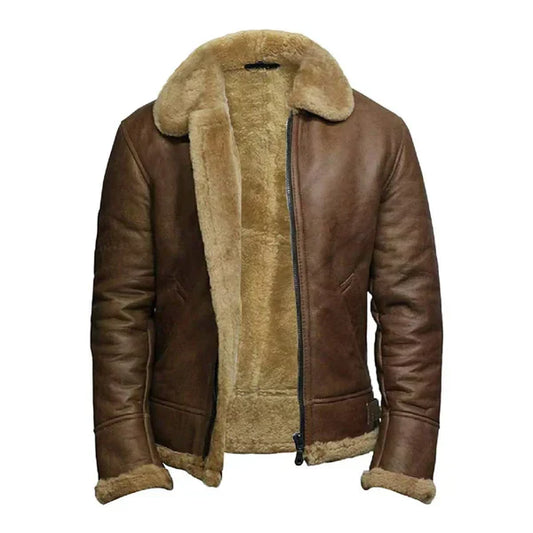 Men's Brown Vintage Faux Shearling Bomber Leather Jacket-Men Shearling Jacket-Premium Leather Street