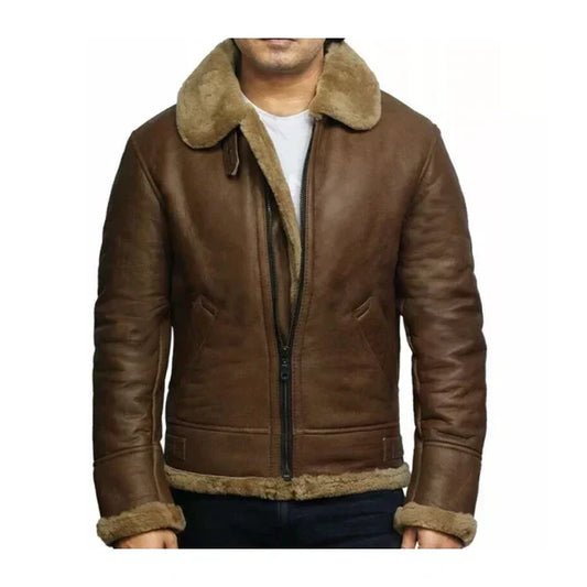 Men's Brown Vintage Faux Shearling Bomber Leather Jacket-Men Shearling Jacket-Premium Leather Street