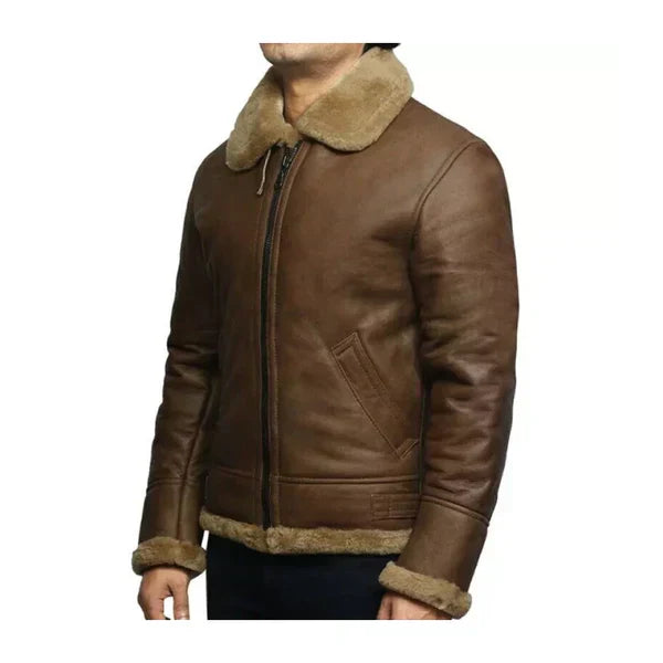 Men's Brown Vintage Faux Shearling Bomber Leather Jacket-Men Shearling Jacket-Premium Leather Street