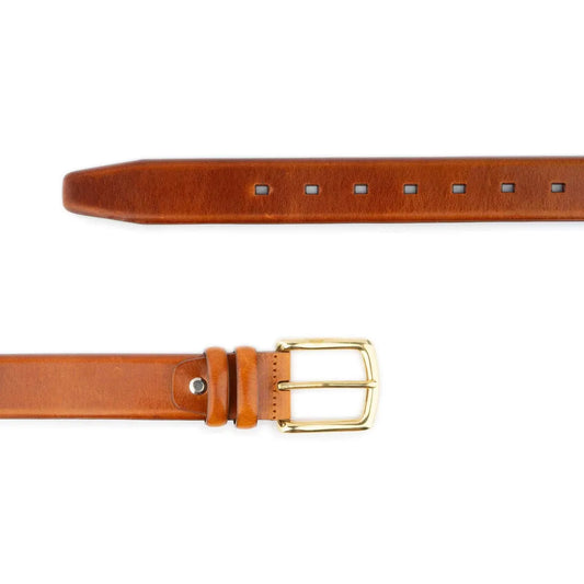 Brown And Gold Belt Brass Buckle Cognac Leather High Quality Genuine Leather