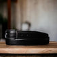Leather Dress Belt with Stitched Feather Edges, Black/Brown Full Grain Leather