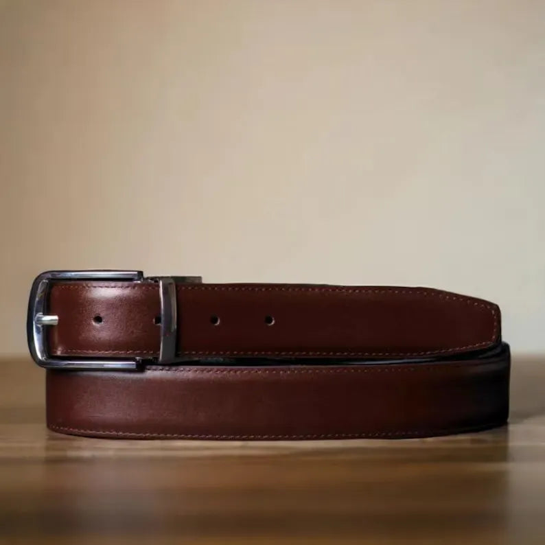 Leather Dress Belt with Stitched Feather Edges, Black/Brown Full Grain Leather