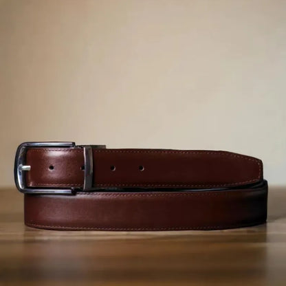 Leather Dress Belt with Stitched Feather Edges, Black/Brown Full Grain Leather