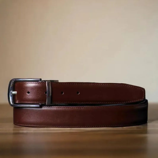 Leather Dress Belt with Stitched Feather Edges, Black/Brown Full Grain Leather